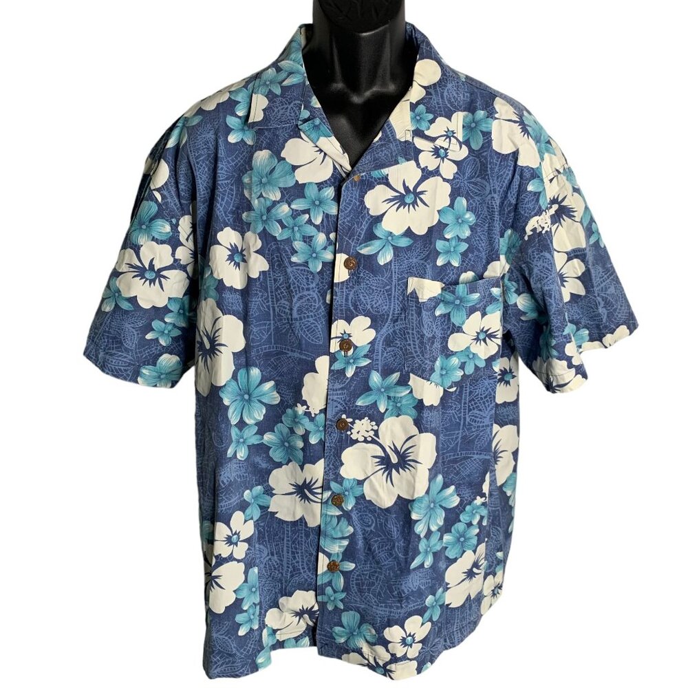 Vintage 90s Bullhead Hawaiian Camp Shirt XL Blue Floral Short Sleeves Pocket